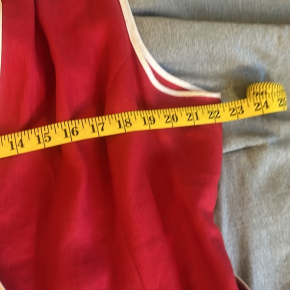 Red short sleeve Wrap Linen dress with white piping trim and tie belt. - Picture 9 of 14